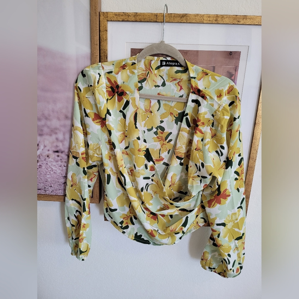 Allegra K Women's Floral Drape Top - Yellow and Green